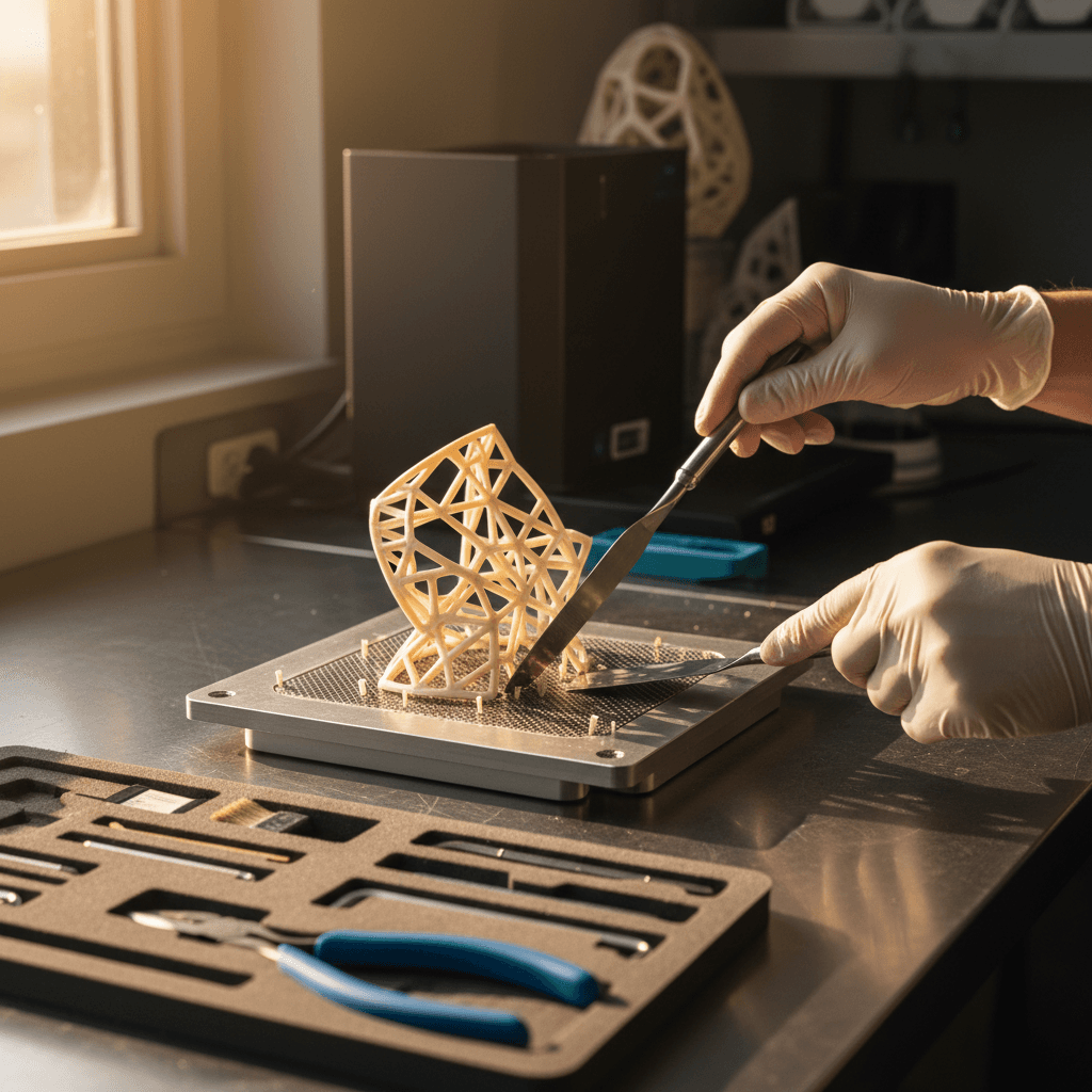 Technician carefully removing printed part from printer