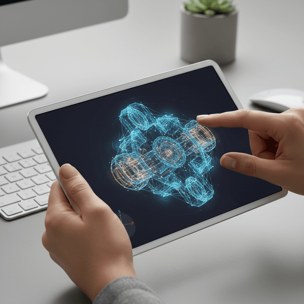 Designer reviewing 3D model on tablet before printing