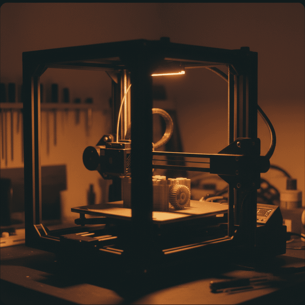 3D printer in operation with visible nozzle depositing material