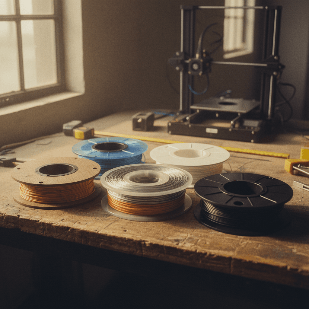 Various 3D printing materials and filament spools