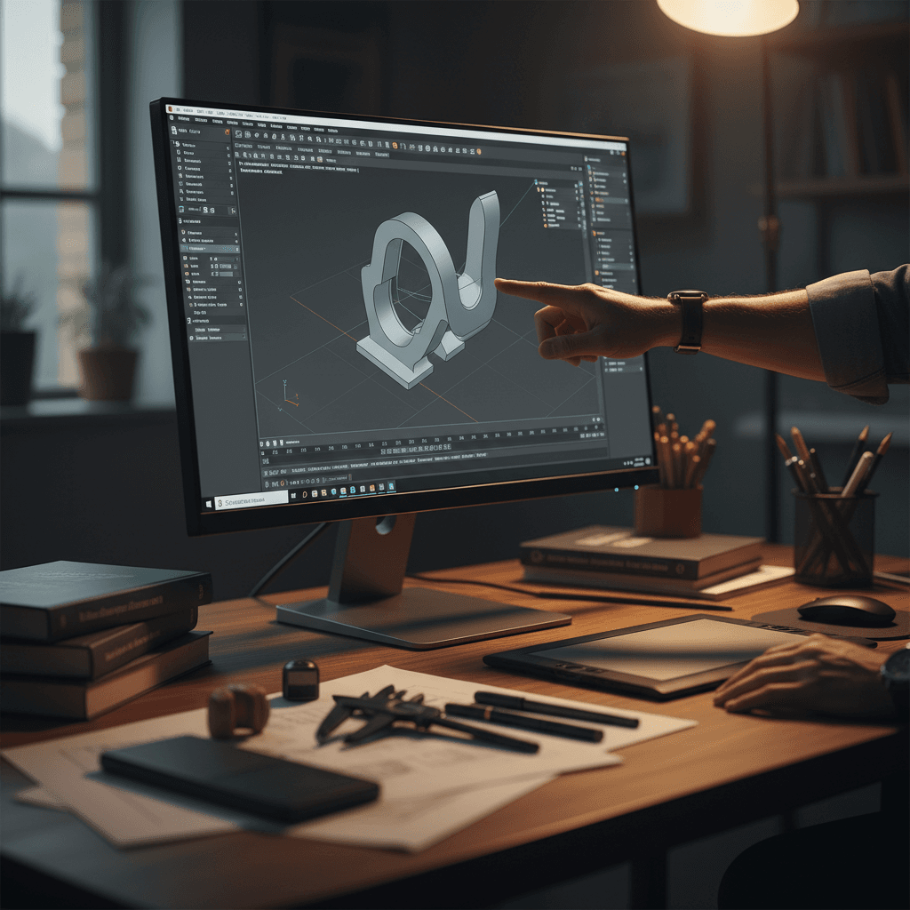 3D CAD design displayed on computer monitor in design workspace