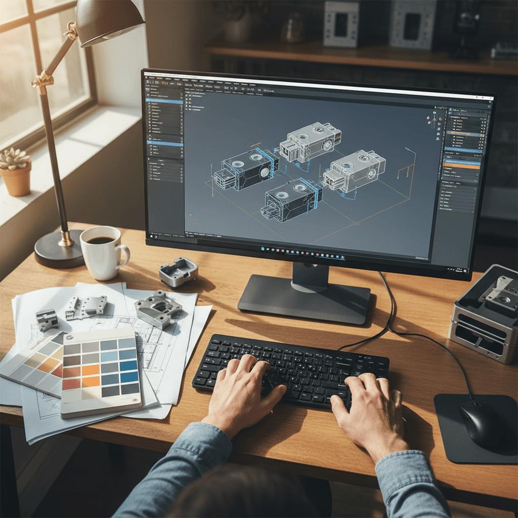 Designer reviewing 3D CAD model on a computer workstation