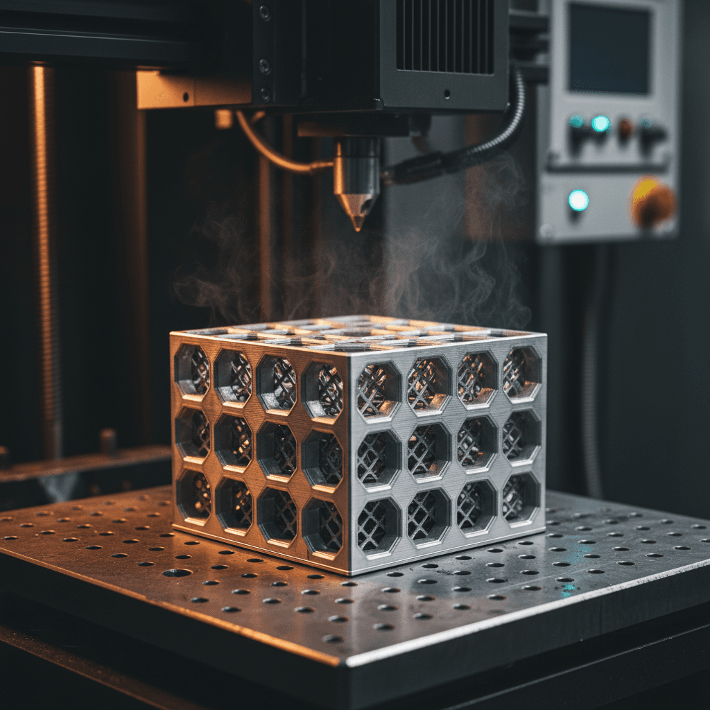 Freshly completed 3D printed component on build platform