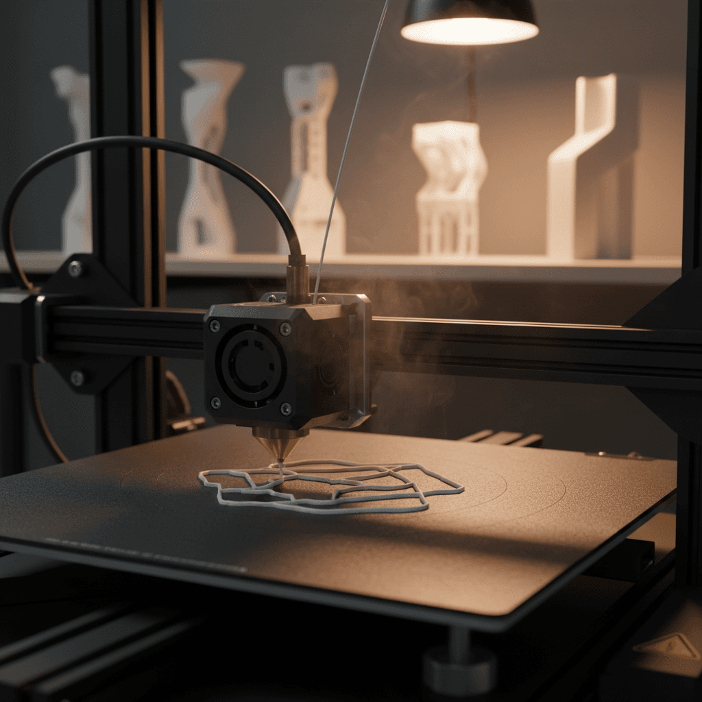 3D printer nozzle extruding filament during active print