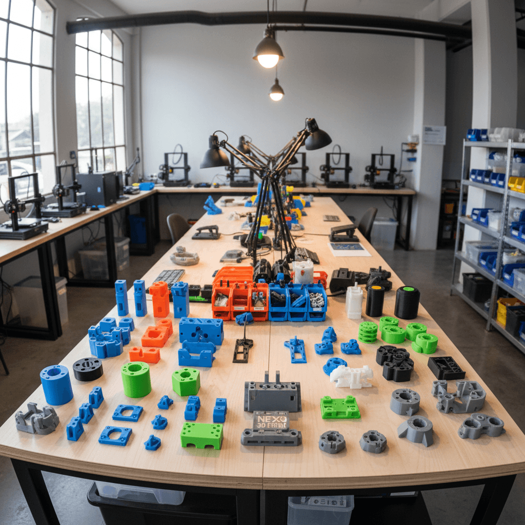 Nexo 3D Print workspace in Cali showing completed projects and finished parts