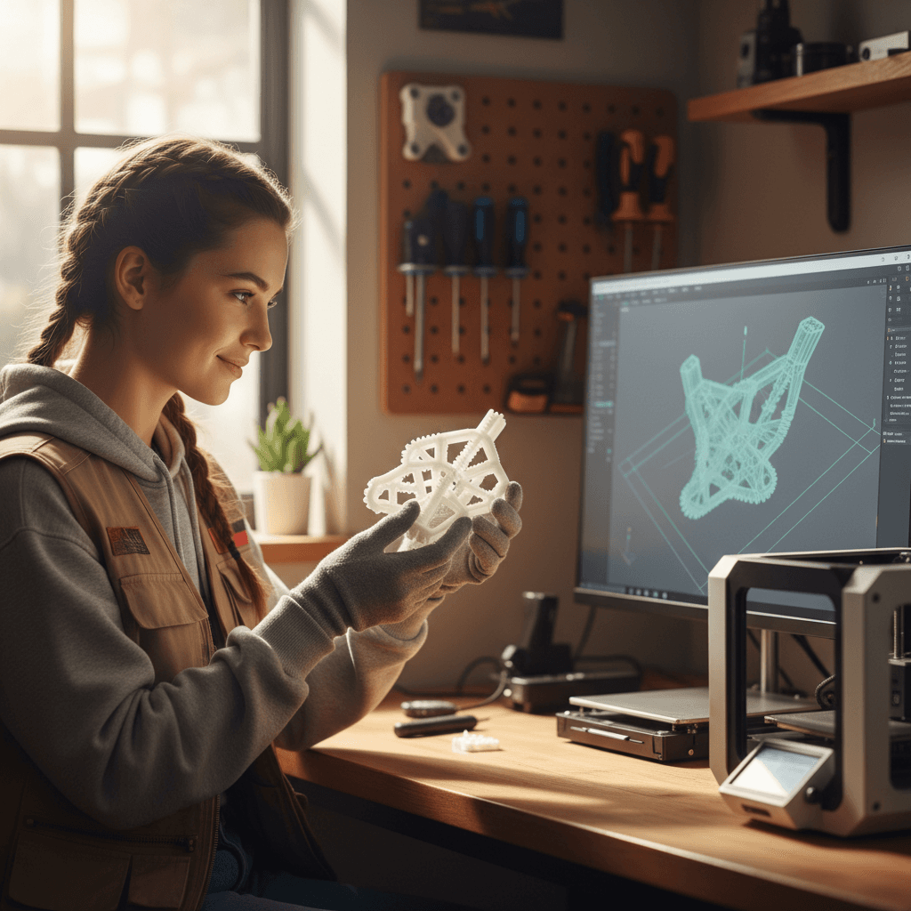 Designer reviewing printed part against digital design on computer