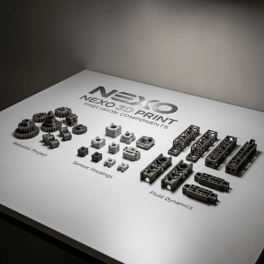 Collection of completed 3D printed parts organized by project type