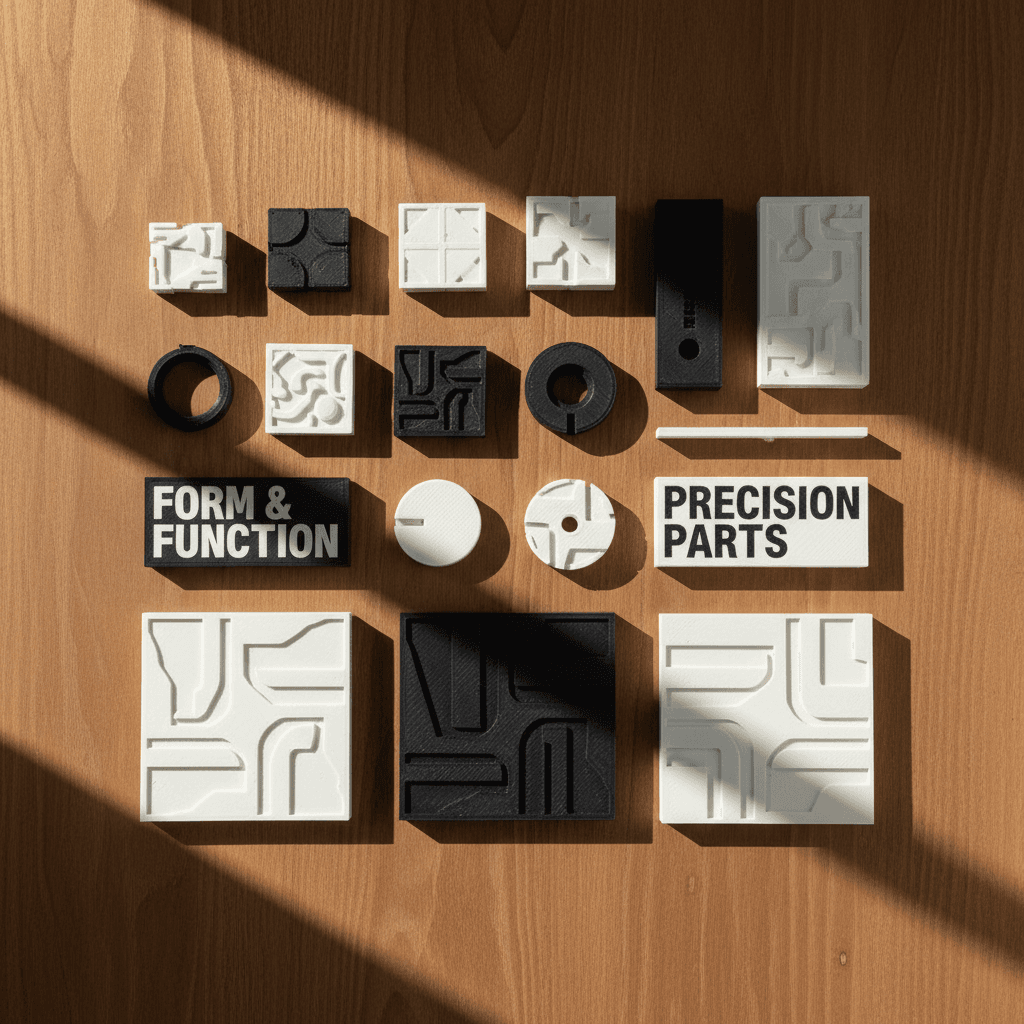 Collection of finished 3D printed parts showcasing design variety