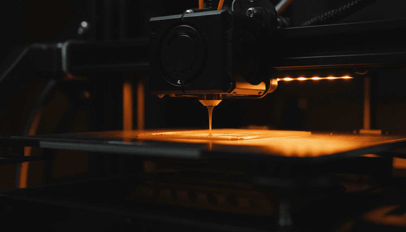3D printer nozzle actively extruding filament onto a build plate during the printing process