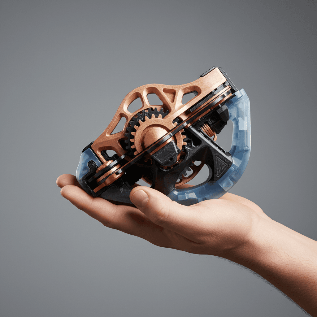 Hands presenting a detailed 3D printed prototype showcasing design complexity