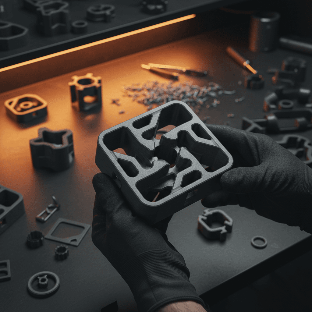 Finished 3D printed mechanical component with precise geometric details