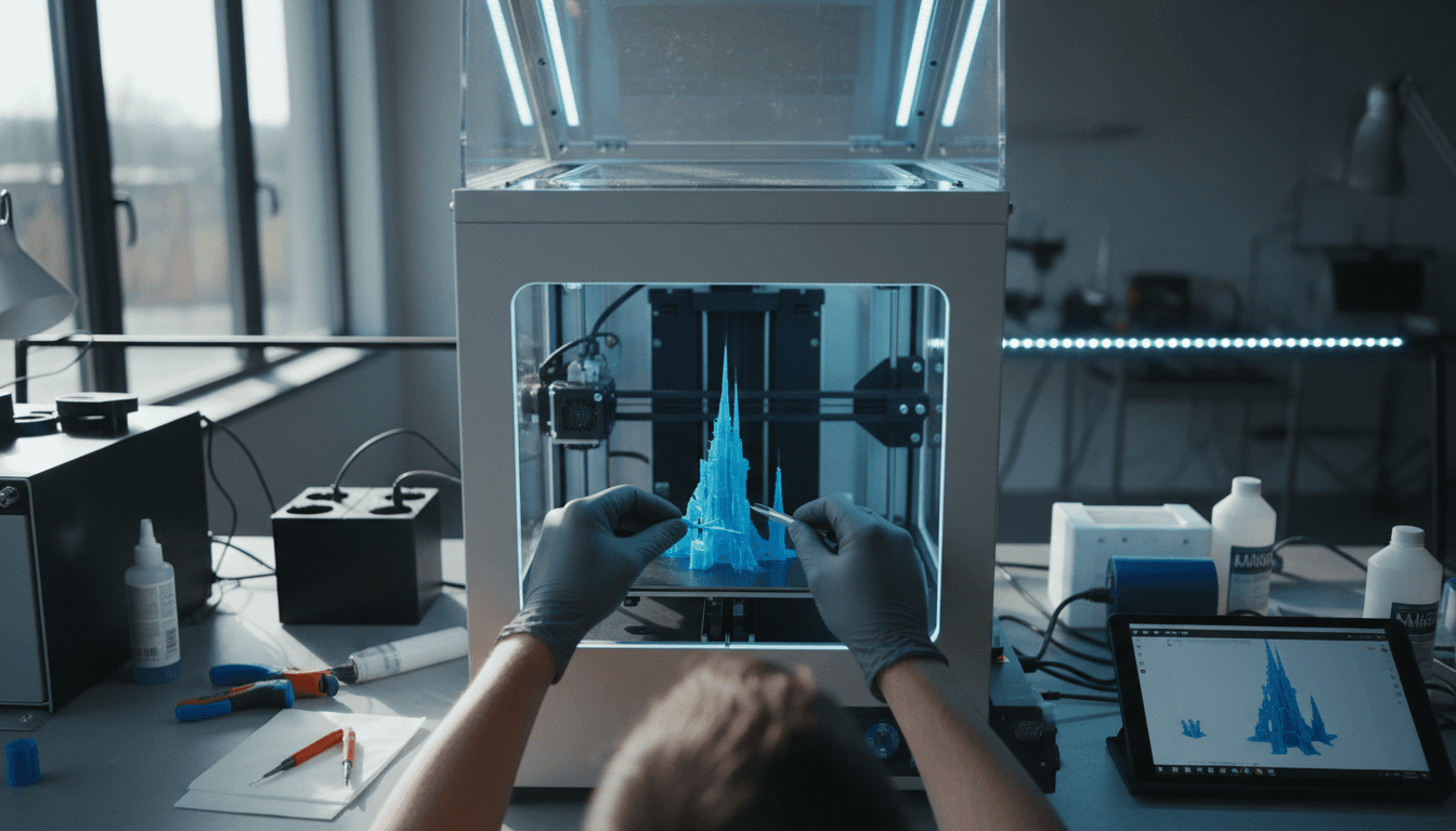 3D printer with technician removing finished model