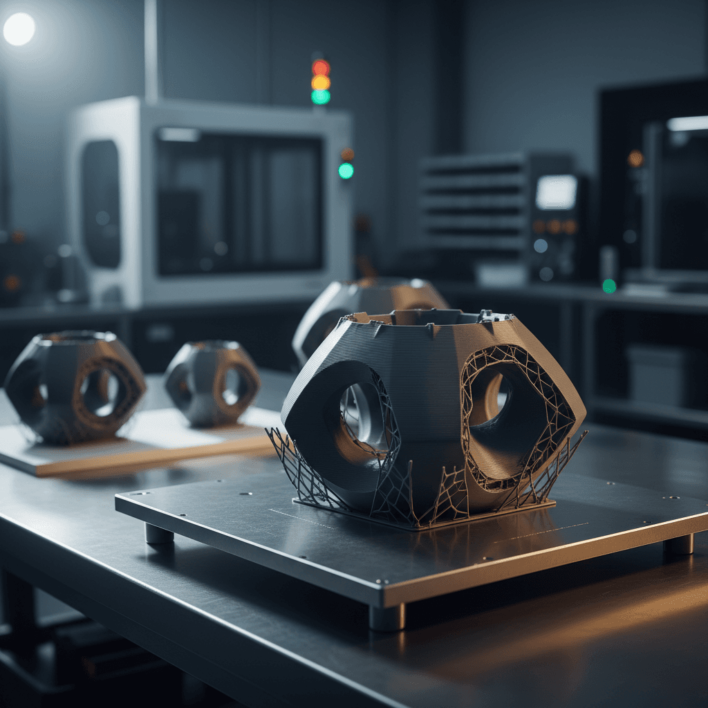 Completed 3D printed production parts on build platform