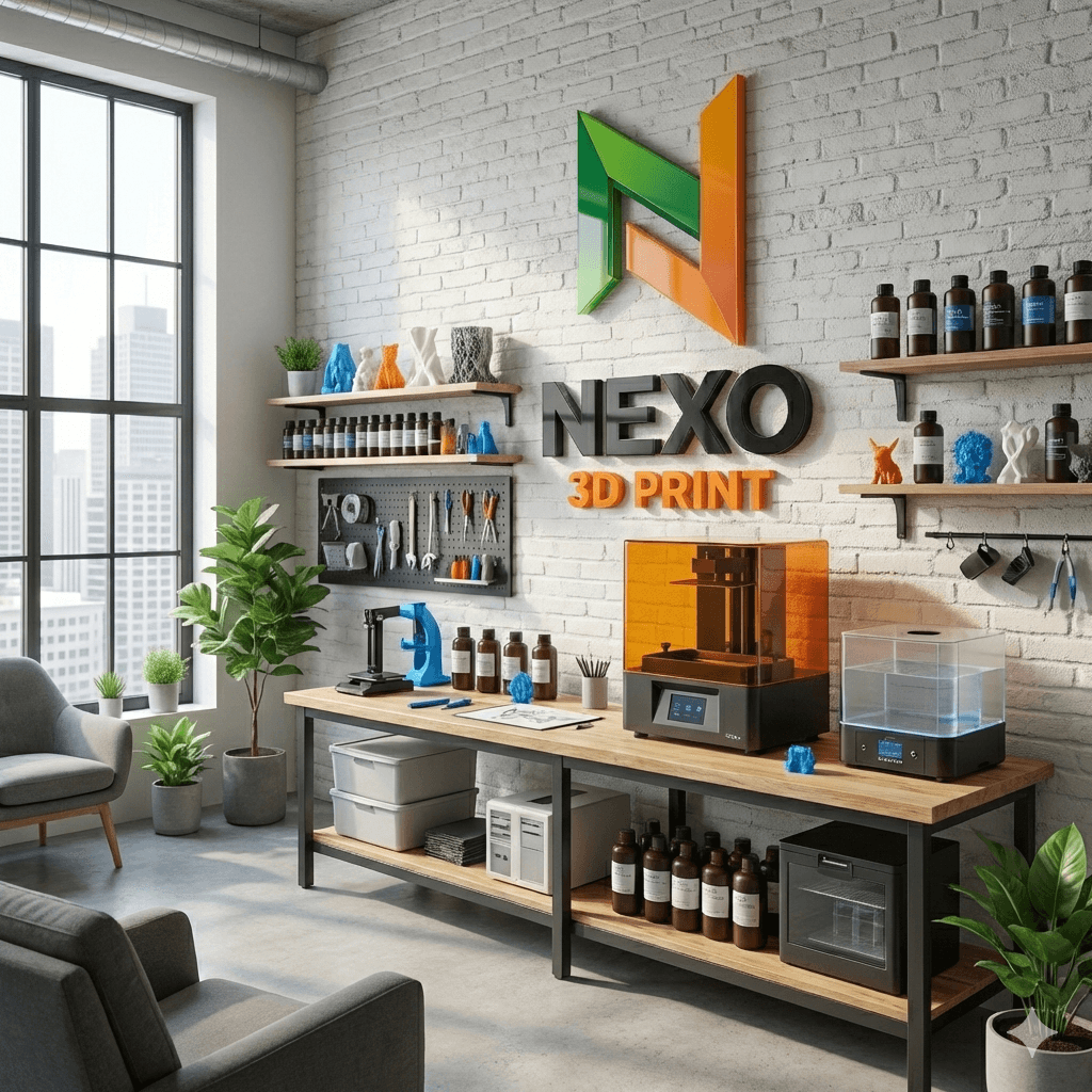 Modern NEXO 3D printing studio with resin printers and tools on a wooden workbench.