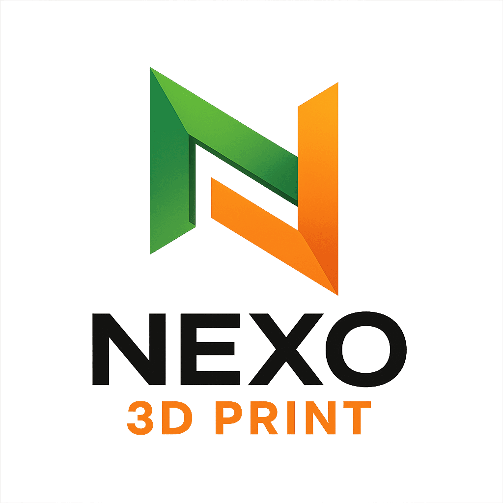 NEXO 3D PRINT logo featuring a stylized green and orange N on white background.