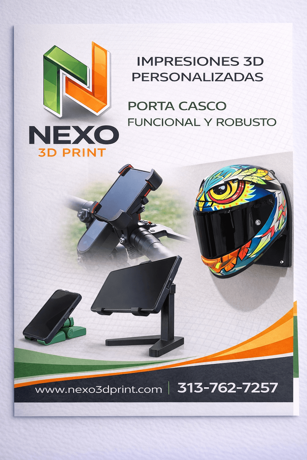 Nexo 3D Print flyer featuring custom 3D printed helmet, phone, and tablet mounting accessories.